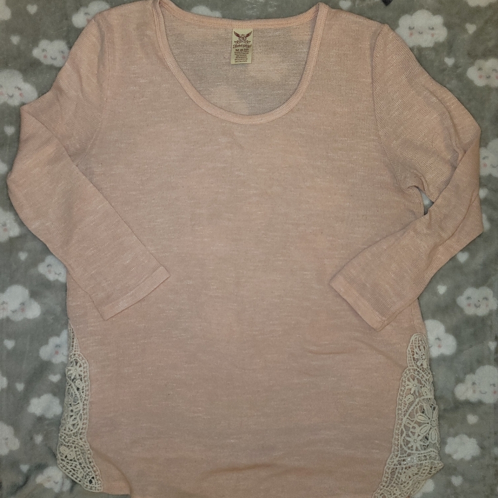 Women Faded Glory peach lightweight sweater w crochet embellishments size M 8/10
